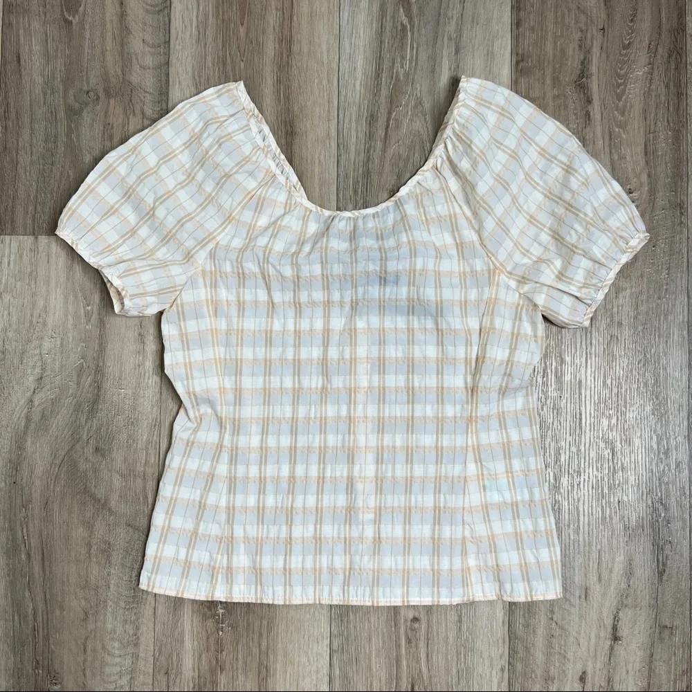J. Crew V-back Puff-sleeve Top in Textured Plaid Size 2 NWT